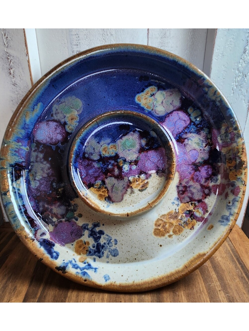 VTG Studio Art Pottery Chip & Dip Platter Crystalline Drip Glaze Pansies